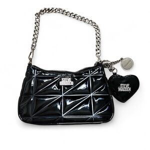 Steve Madden Black Leather Glossy Shoulder Bag w/ Silver Chain